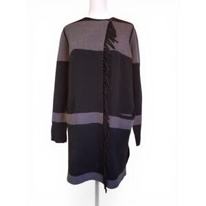 Per Se Gray Black Stripe Merino Wool Fringe Longer Length Cardigan Sweater